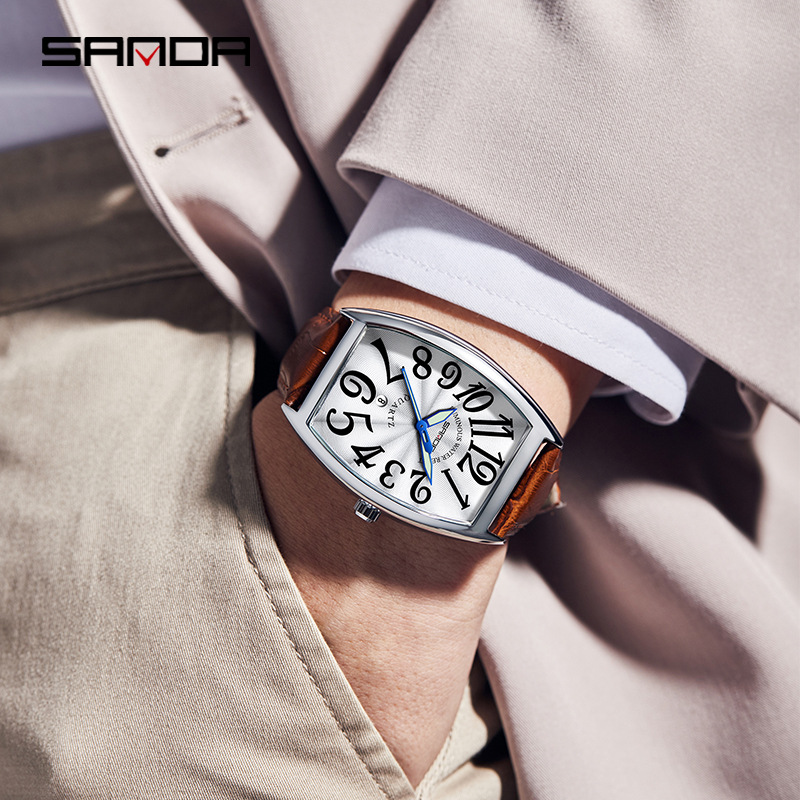 Leather Watch Strap - Zegarek męski SANDA New Quartz, casualowy,